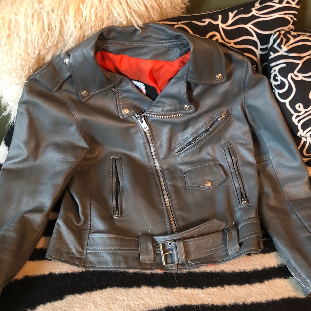 Grey Leather Motorcycle Style Jacket